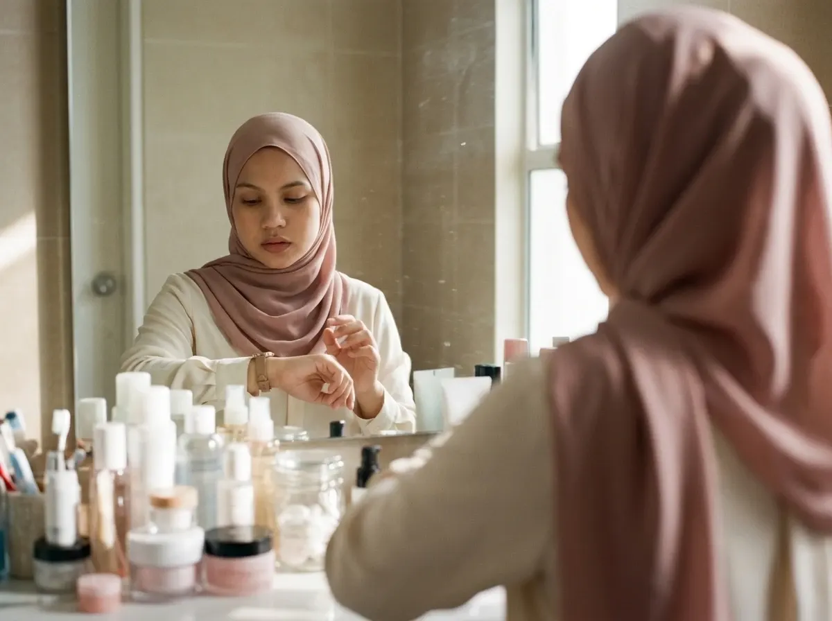 Wanita sibuk bersiap di depan cermin pada waktu pagi