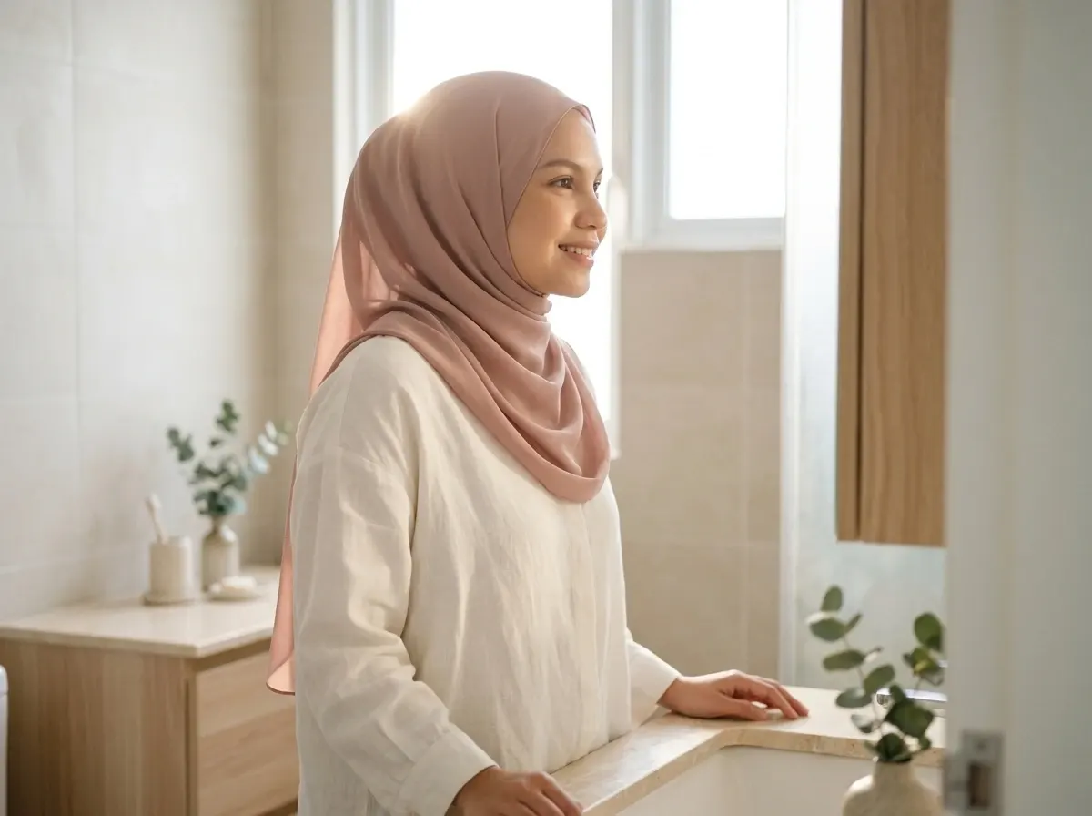 Wanita tenang dengan rutin skincare ringkas